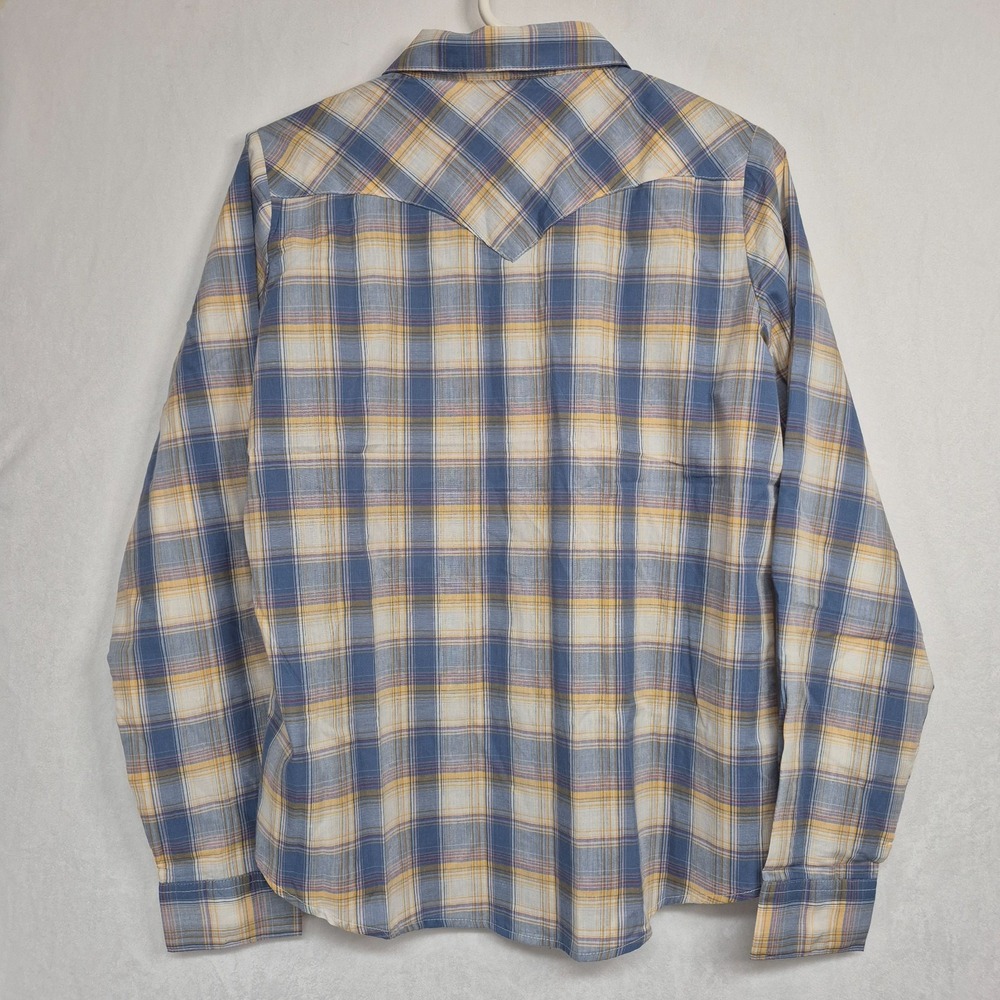 Wrangler Womens L Western Plaid Pearl Snap Shirt Long Sleeve Blue Yellow Cowgirl - Picture 6 of 8